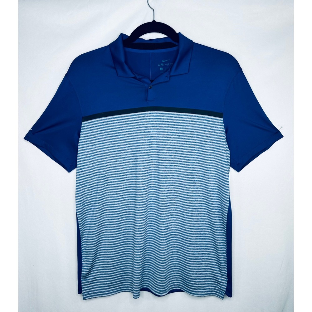 Nike Golf Dri-FIT Polo Shirt Mens Blue Wavy Stripe Short Sleeve SZ L